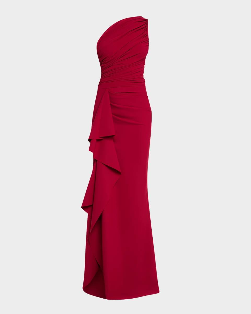 Ruched One-Shoulder Ruffle Gown